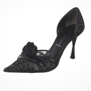Casadei Black Lace Pattern Leather Trim Flower Accent Pointed Pumps. Size 8.5